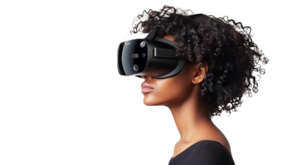 African-American girl with curly hair wearing virtual reality glasses. No background