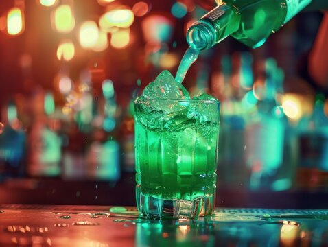 A bartender pouring a green drink into a glass with ice, possibly for serving at a bar or pub.