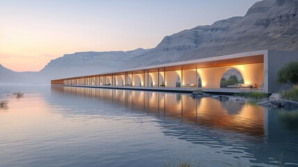 Sleek lakeside building with arched windows at sunset, backed by mountains