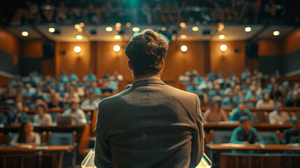 Fototapeta premium A World at his Fingertips: A Man and his Laptop, Connected on Stage