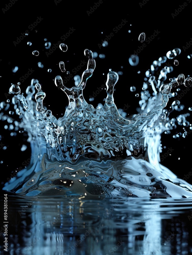 Poster high-speed photograph of a splashing water droplet. each drop is captured in its own unique, snowfla