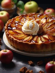 Tarte tatin, French-style apple tart, with ice cream on top, caramelized apples baked in a buttery pastry crust