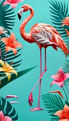 Origami 3D image of flamingo and tropical flowers, arty fashion print without 3-d effect. Vertical photo
