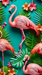 Origami 3D image of flamingo and tropical flowers, arty fashion print without 3-d effect. Vertical photo