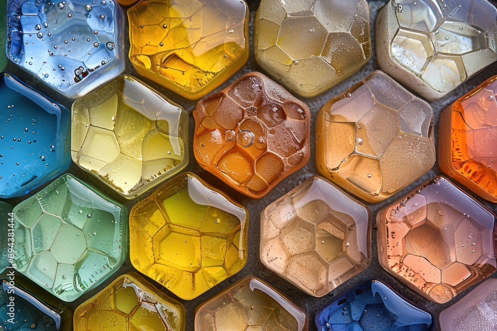 Poster hexagonal glass tiles in various colors arranged in a honeycomb pattern