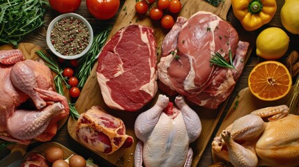 Selection of cooked and uncooked meats on cutting board. Perfect for stocking up or trying new recipes.