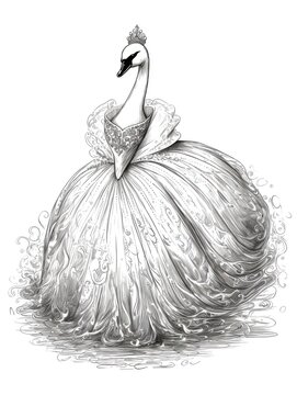 recommend clip art: Black and white Vintage engraved art of a swan in a princess dress, isolated on white background, ink sketch illustration, simple vector art design, highly detailed line art, high contrasty 