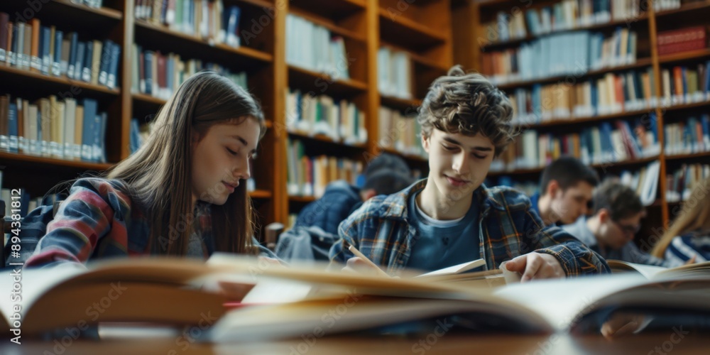 Poster students engrossed in reading in a library setting.