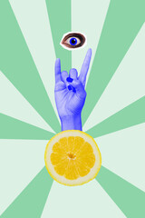 Vertical photo collage of hand show rock horns gesture eyeball spy orange lemon citrus fruit detox...