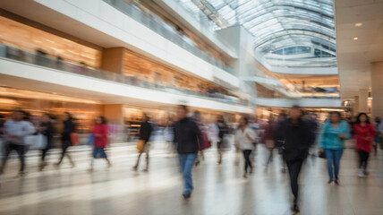 Fototapeta premium Blurred crowd of people walking at shopping mall, motion blur effect. People in hurry soing shopping, busy urban lifestyle