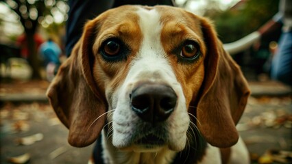 A close-up of a beagle's face, its soulful eyes looking directly at the camera, with a soft-focus park in the background.