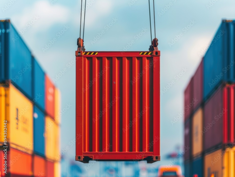 Poster loading operations, a crane efficiently lifts a container onto a truck, showcasing the logistics pro