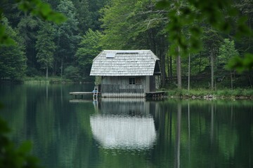 Obraz premium A house by the lake among the tree in Austria Alps