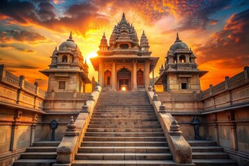 Fototapeta premium Vibrant orange hues illuminate an ancient Indian temple at sunset, empty stairs leading up to ornate doors, conveying spirituality and devotion in a peaceful atmosphere.