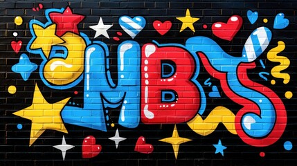 A brick wall with a colorful graffiti design
