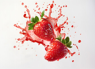 Fresh Strawberries with Red Juice Splash Isolated on White Background