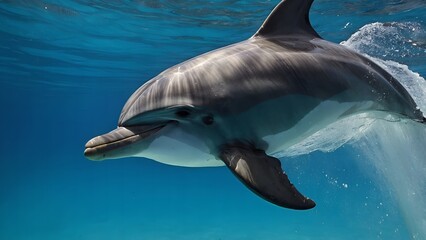 Obraz premium Two dolphins swimming side by side in the clear blue ocean