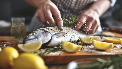Woman grinding pepper onto raw sea bass fish with lemon and rosemary at wooden table, closeup