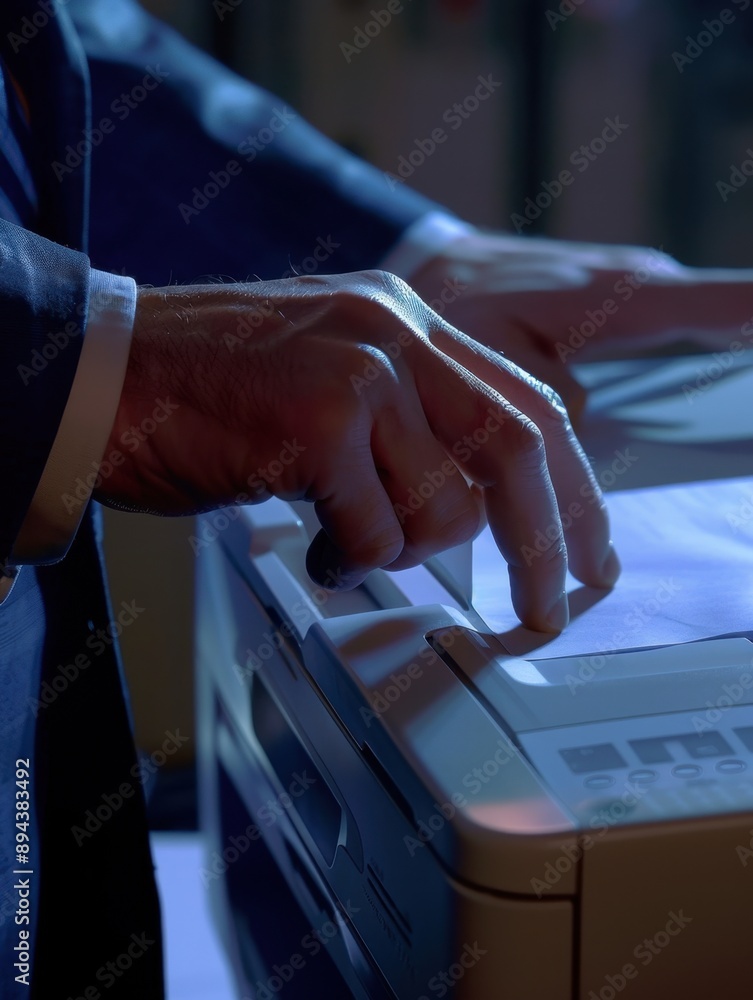 Poster a man working on a printer, pushing down the paper input.