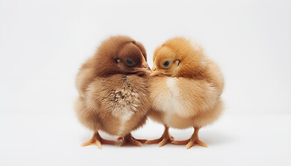 Obraz premium Two cute fluffy baby chickens on white background