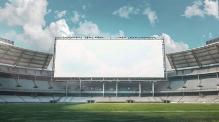 A large, empty outdoor stadium with a big screen, bright skies, and green field, perfect for sports or events in a modern setting.