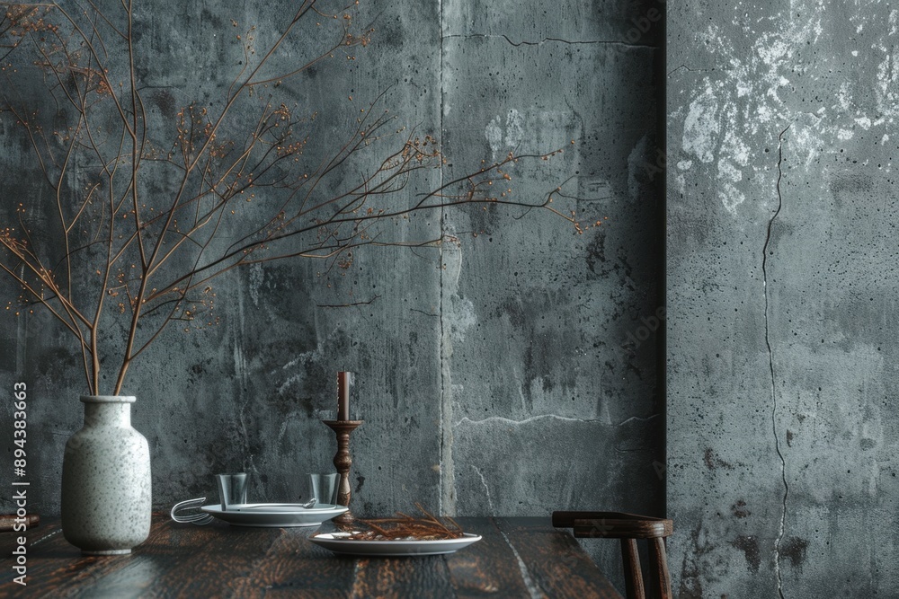 Poster interior dining scene with monochrome styling, minimalistic table setting and textured walls. vase a