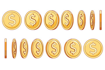 Fototapeta premium Gold coin gradual rotating. Dollar sign different positions, frame by frame spin animation, various angles view, golden money, game profit, winning prize, vector isolated set