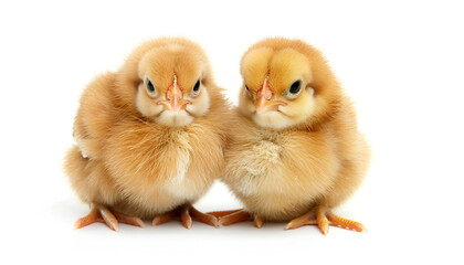 Two cute fluffy baby chickens on white background