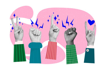 Composite photo collage of people hands show different gesture peace rock heart fist hello strike love index isolated on painted background