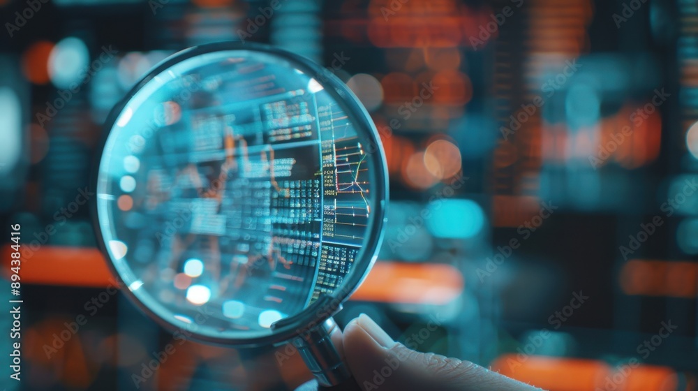 Poster close-up of hand holding magnifying glass over digital interface. concept of scrutinizing informatio