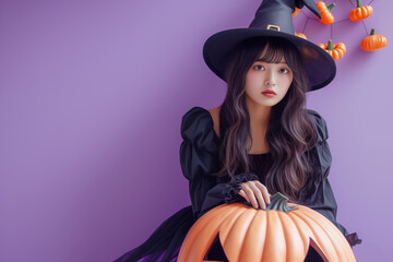 ハロウィンの大きなカボチャと魔女