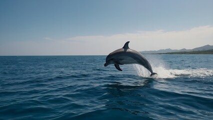 Fototapeta premium A pair of dolphins swimming side by side in the bright light of the sunset