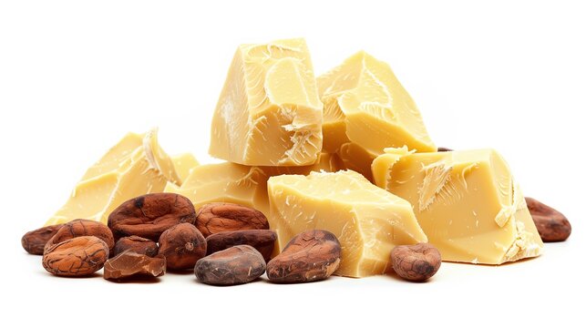 Pile of cocoa butter on white background, side view, closeup