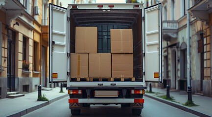 Naklejka premium Back view of white truck full with cardboard boxes. Delivery, transportation, logistics.