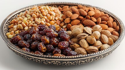 Obraz premium Assortment of Nuts and Dried Fruit in a Silver Platter