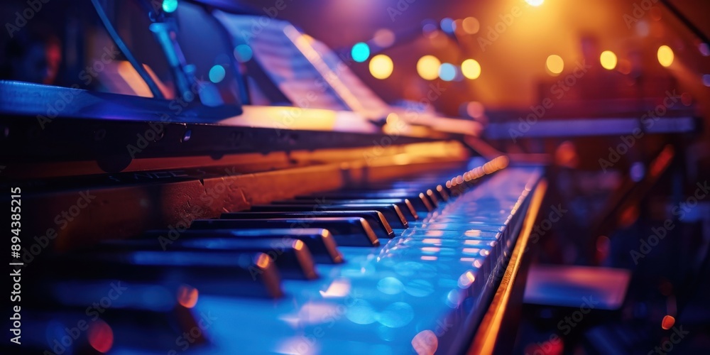Poster a close-up image of a black and white musical keyboard with notes visible. the background is blurred