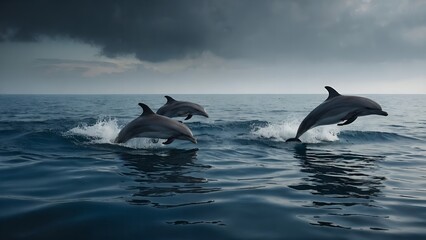 Fototapeta premium Dolphins racing each other through the surf