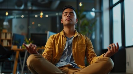 Fototapeta premium A man practicing yoga or meditation indoors, dressed casually.