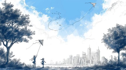 Pencil Sketch of Two Girls Flying Kites in a Cityscape