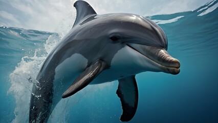 Naklejka premium A dolphin spinning gracefully in mid-air above the water