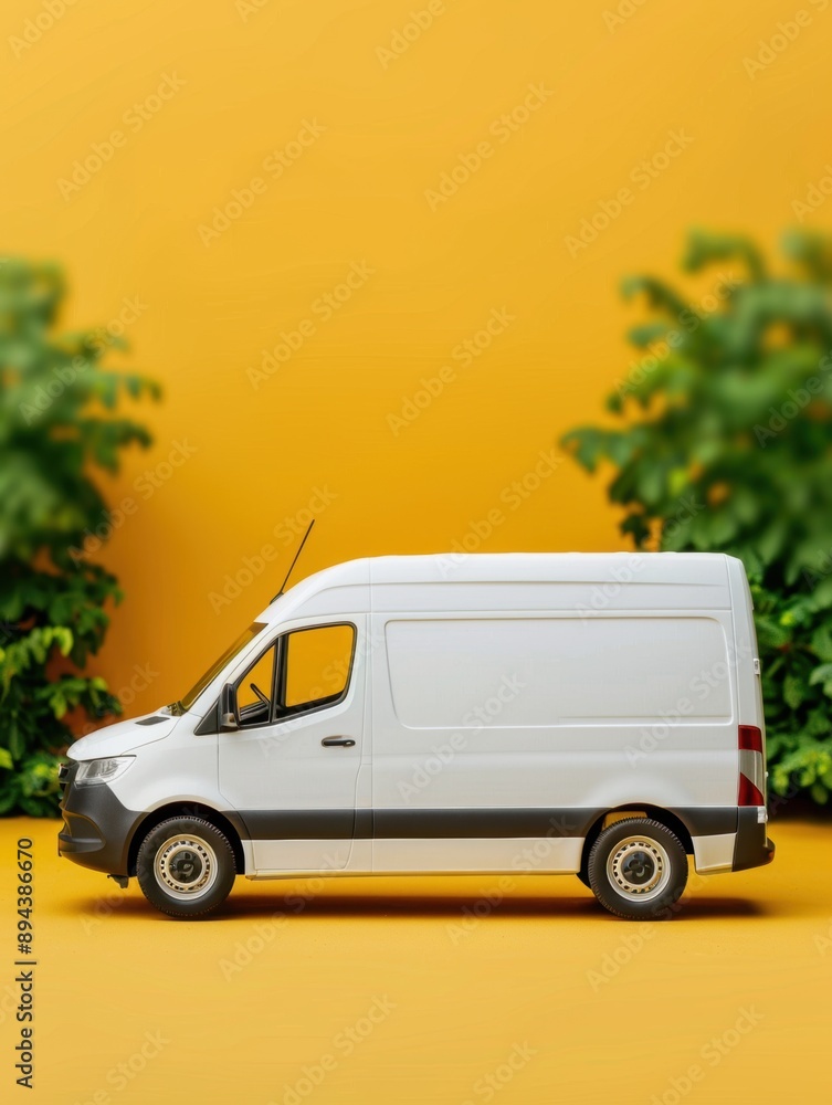 Poster smart delivery van showcasing augmented reality package tracking and tech-enabled logistics, ample c