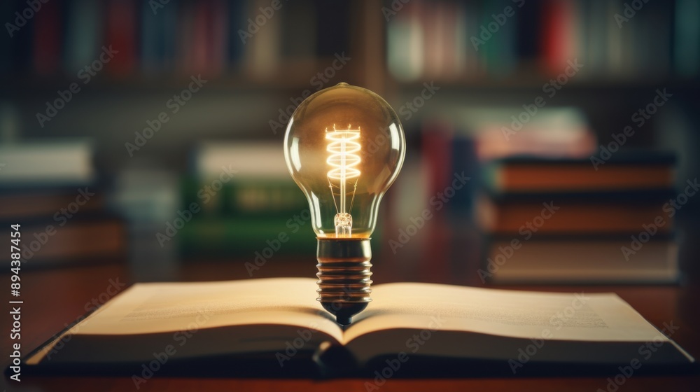 Poster an illuminated light bulb resting on an open book, symbolizing intellectual enlightenment and the fu