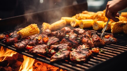 Selective focus on hands holding beer glasses with barbecue grill in the background