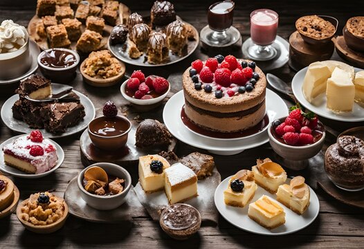 A variety of desserts on a wooden table