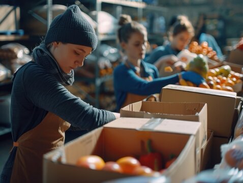 Women working in a busy market, sorting and organizing produce.