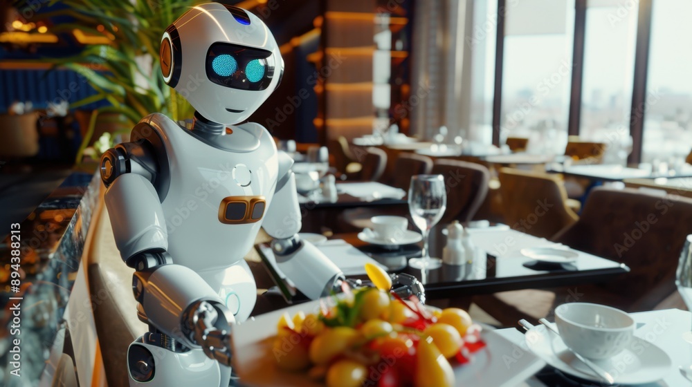 Poster the image features a humanoid robot server inside a fine dining restaurant, demonstrating advanced a