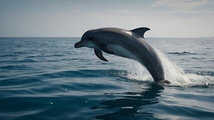 A dolphin leaping out of the water against the backdrop of a sunset