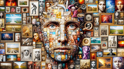 A complex mosaic artwork of a face composed of numerous framed images, depicting diverse emotions, landscapes, and scenes. It symbolizes the myriad facets of human experience and memory.