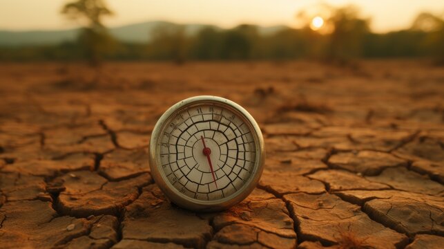 Extreme heat  symbol of global warming with high thermometer temperature on arid cracked earth