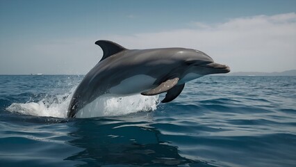 A dolphin emerging from the deep blue ocean with grace